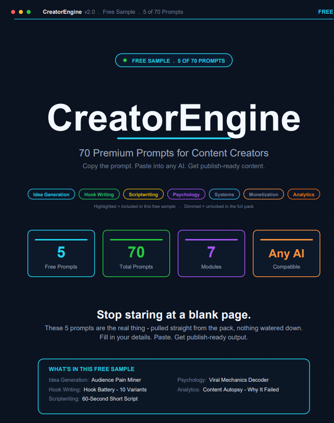 CreatorEngine - Free Sample 5 AI Prompts